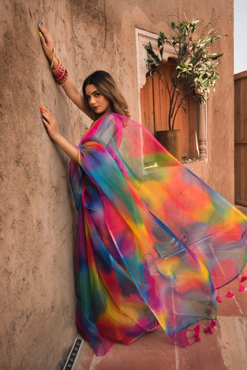 RAINBOW ORGANZA PRINTED SAREE - Pomcha Jaipur