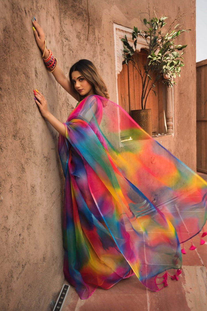 RAINBOW ORGANZA PRINTED SAREE - Pomcha Jaipur