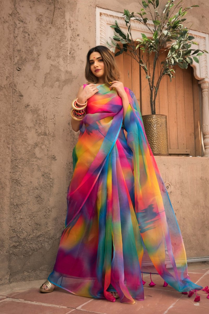 RAINBOW ORGANZA PRINTED SAREE - Pomcha Jaipur