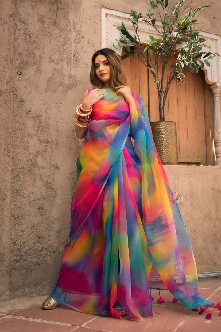 RAINBOW ORGANZA PRINTED SAREE - Pomcha Jaipur