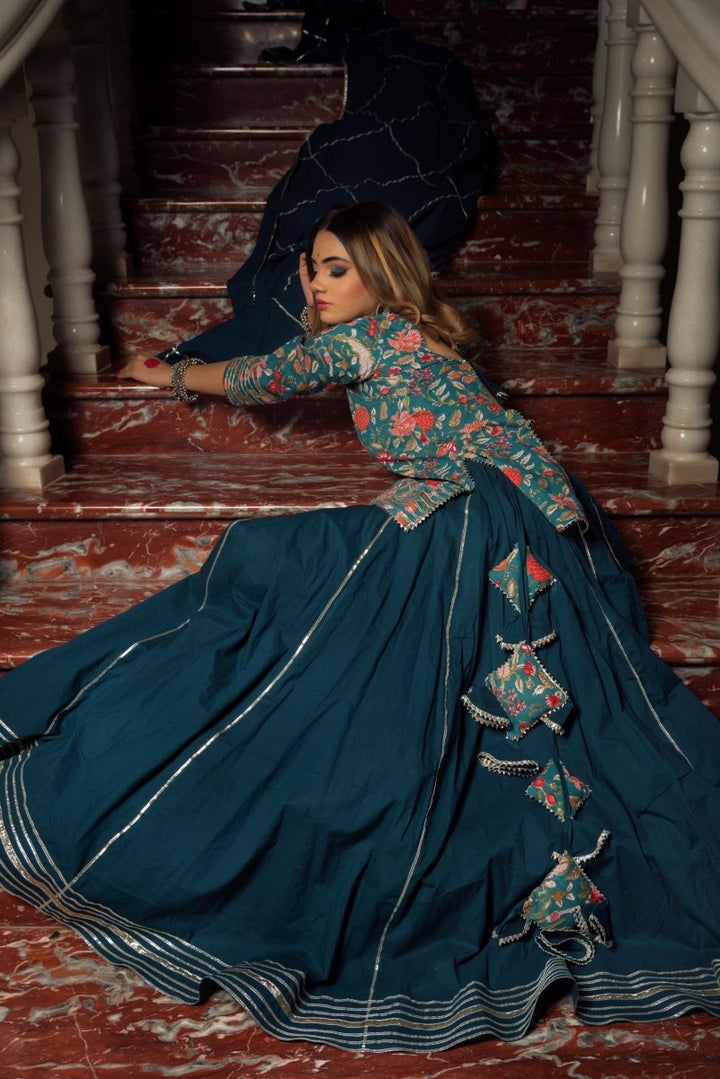 RANGKARI TULSI PURE COTTON HAND BLOCK KURTA SKIRT SET - Pomcha Jaipur