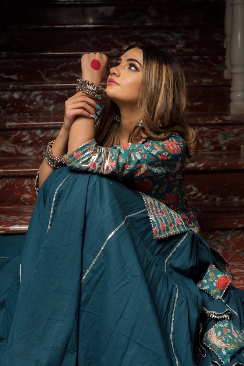 RANGKARI TULSI PURE COTTON HAND BLOCK KURTA SKIRT SET - Pomcha Jaipur