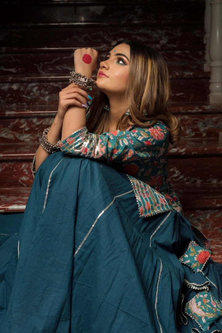 RANGKARI TULSI PURE COTTON HAND BLOCK KURTA SKIRT SET - Pomcha Jaipur