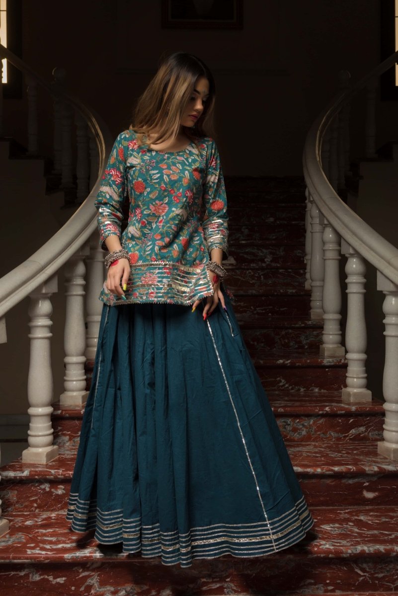 RANGKARI TULSI PURE COTTON HAND BLOCK KURTA SKIRT SET - Pomcha Jaipur