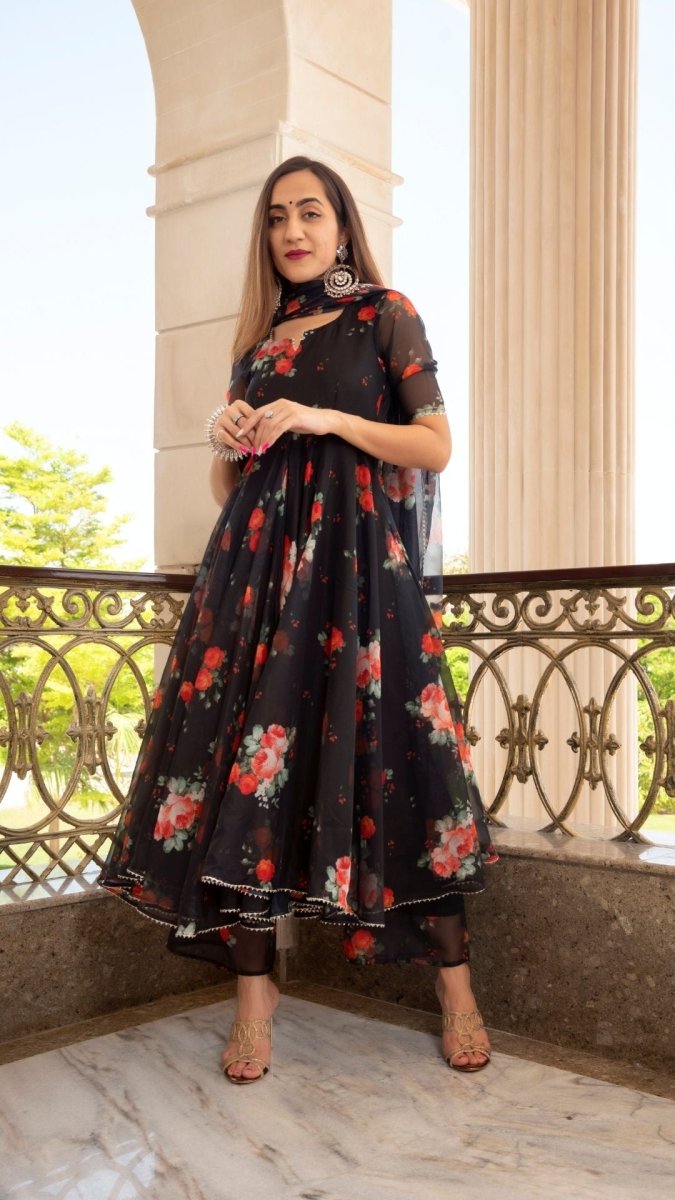 RED AND BLACK ORGANZA ANARKALI SET WITH ORGANZA DUPATTA - Pomcha Jaipur