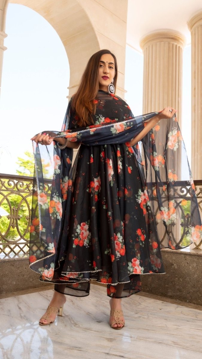 RED AND BLACK ORGANZA ANARKALI SET WITH ORGANZA DUPATTA - Pomcha Jaipur