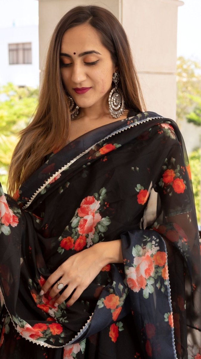 RED AND BLACK ORGANZA ANARKALI SET WITH ORGANZA DUPATTA - Pomcha Jaipur
