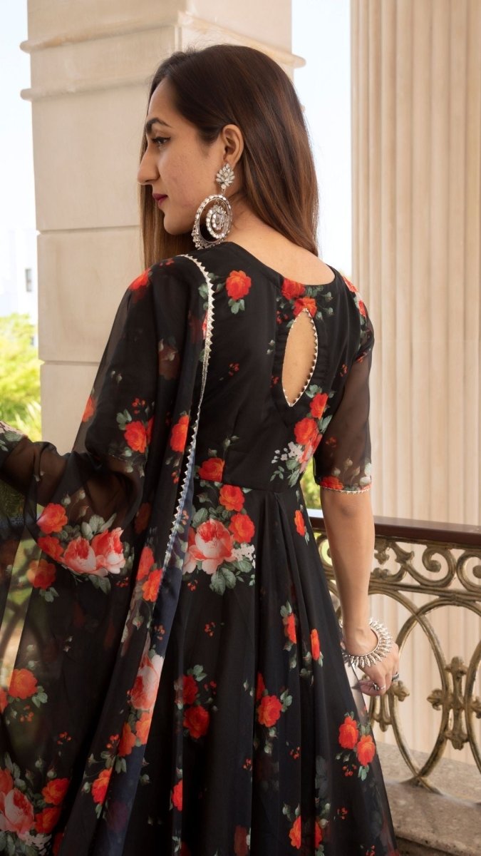 RED AND BLACK ORGANZA ANARKALI SET WITH ORGANZA DUPATTA - Pomcha Jaipur