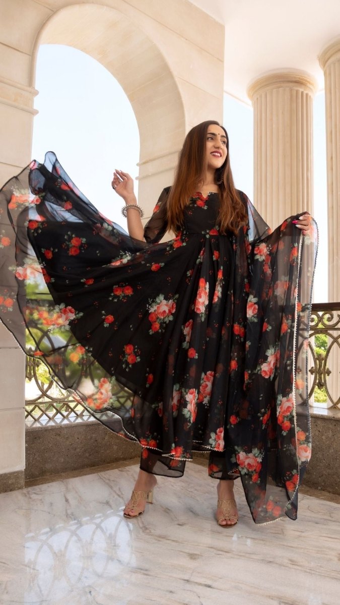 RED AND BLACK ORGANZA ANARKALI SET WITH ORGANZA DUPATTA - Pomcha Jaipur