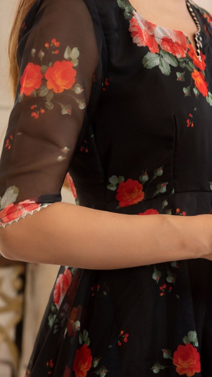 RED AND BLACK ORGANZA ANARKALI SET WITH ORGANZA DUPATTA - Pomcha Jaipur