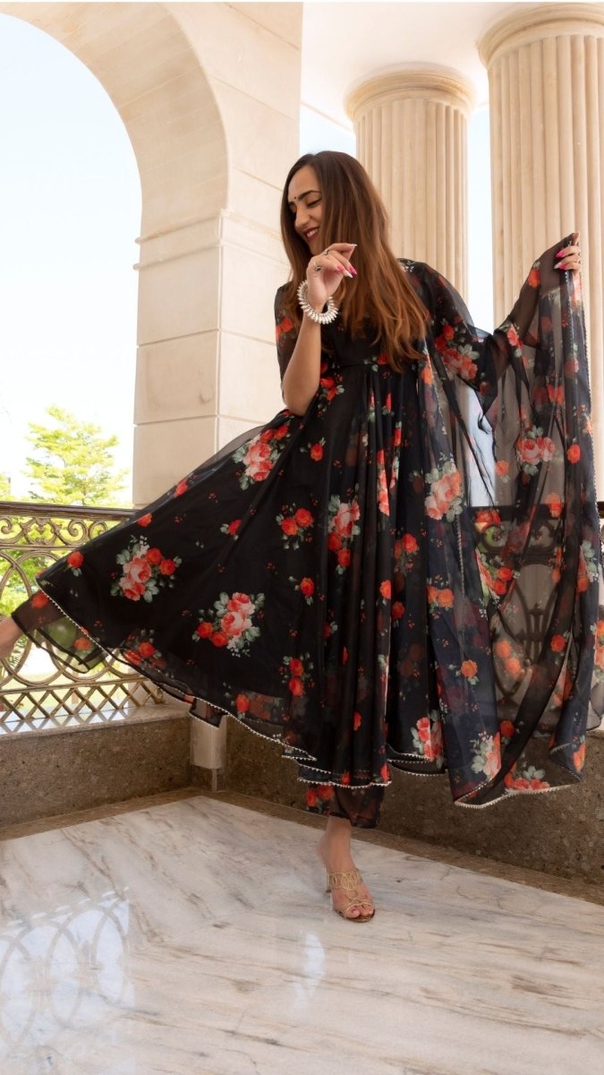 RED AND BLACK ORGANZA ANARKALI SET WITH ORGANZA DUPATTA - Pomcha Jaipur