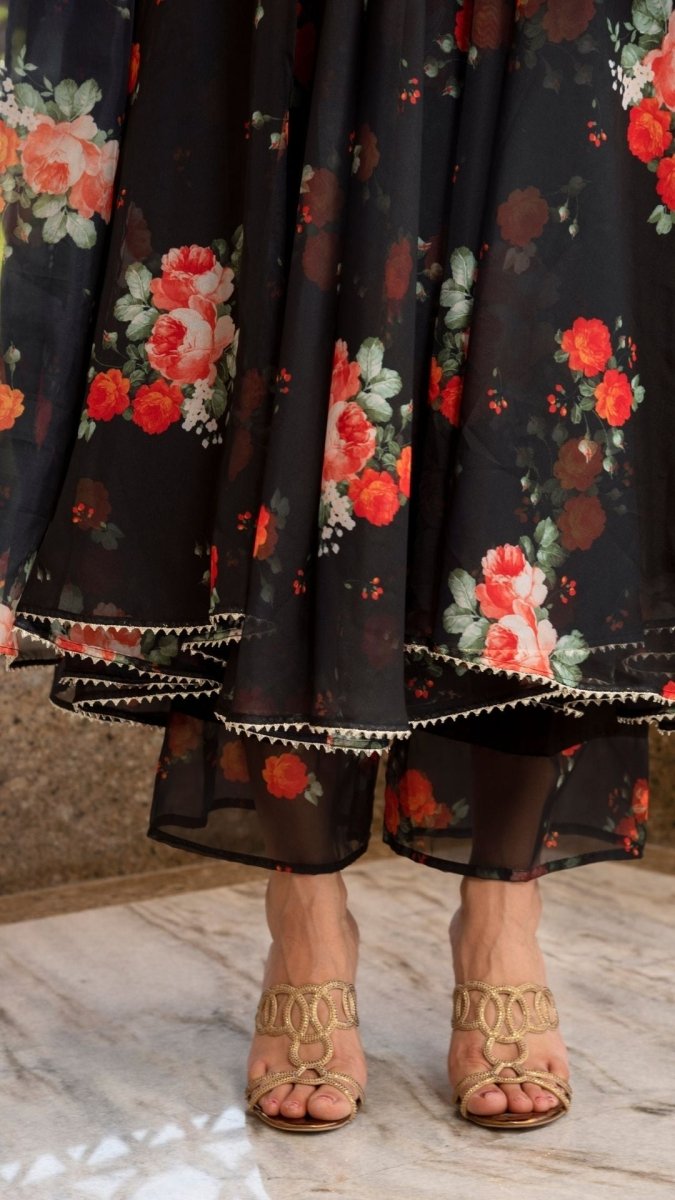 RED AND BLACK ORGANZA ANARKALI SET WITH ORGANZA DUPATTA - Pomcha Jaipur