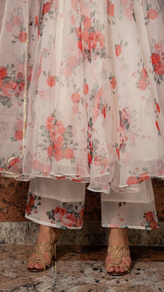 RED AND WHITE FLORAL ORGANZA ANARKALI SET - Pomcha Jaipur