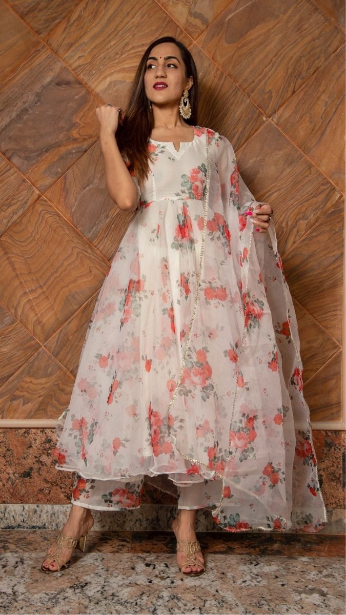 RED AND WHITE FLORAL ORGANZA ANARKALI SET - Pomcha Jaipur