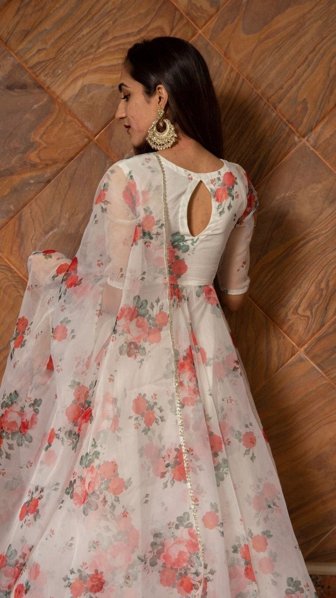 RED AND WHITE FLORAL ORGANZA ANARKALI SET - Pomcha Jaipur