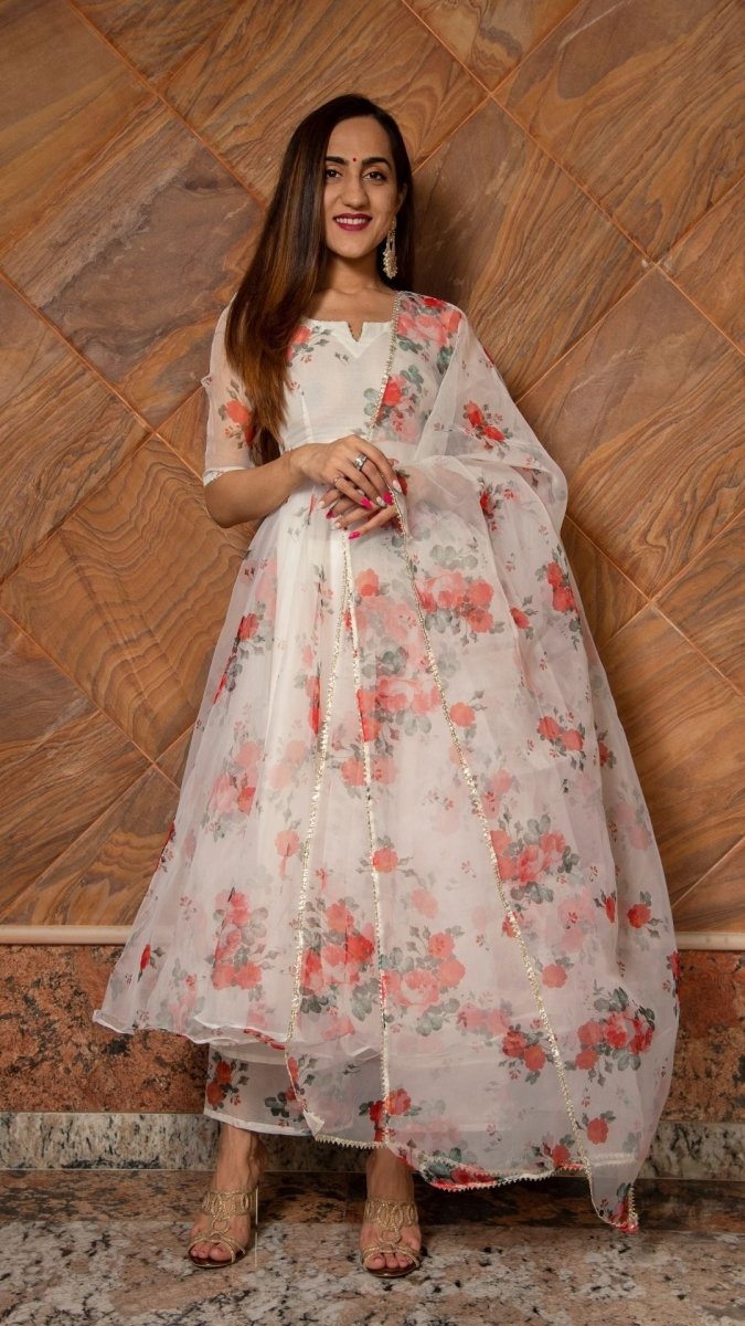 RED AND WHITE FLORAL ORGANZA ANARKALI SET - Pomcha Jaipur