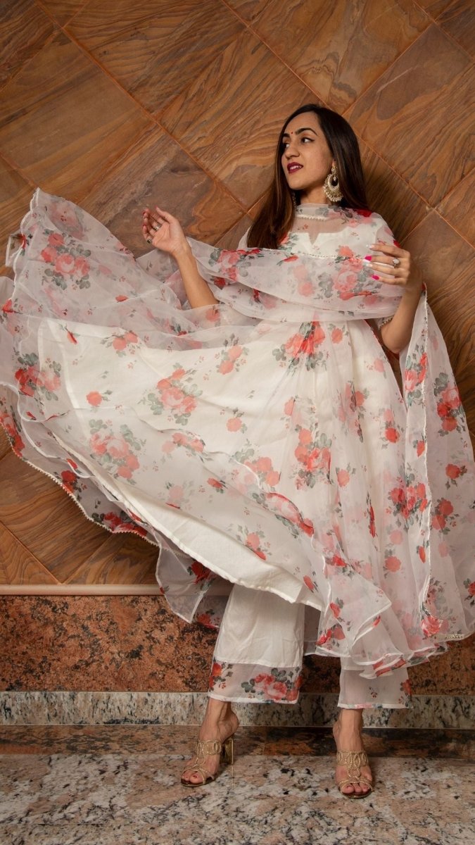 RED AND WHITE FLORAL ORGANZA ANARKALI SET - Pomcha Jaipur