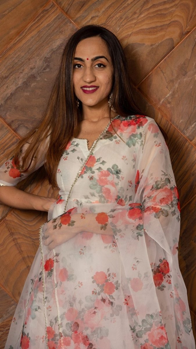 RED AND WHITE FLORAL ORGANZA ANARKALI SET - Pomcha Jaipur