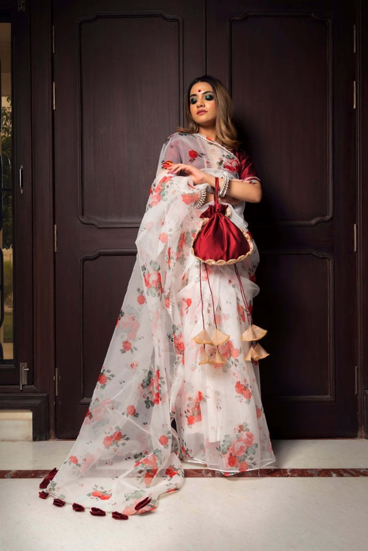 RED AND WHITE ORGANZA SAREE - Pomcha Jaipur