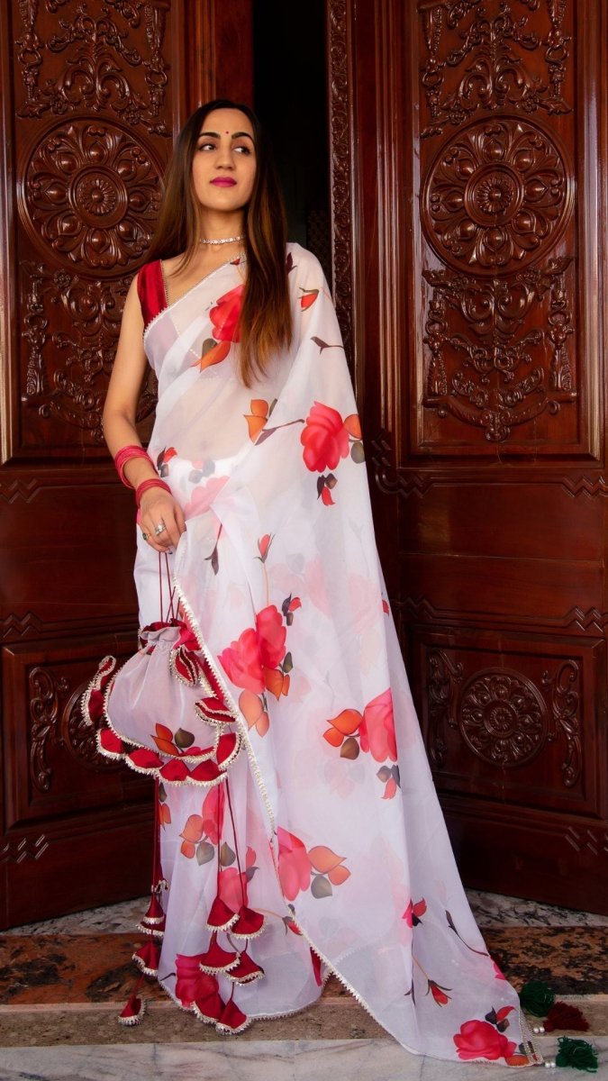 RED PHOOL ORGANZA SAREE - Pomcha Jaipur