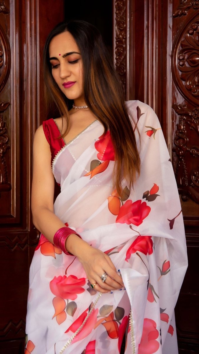 RED PHOOL ORGANZA SAREE - Pomcha Jaipur