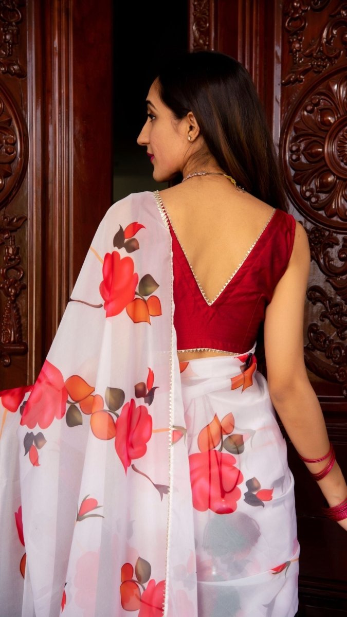 RED PHOOL ORGANZA SAREE - Pomcha Jaipur