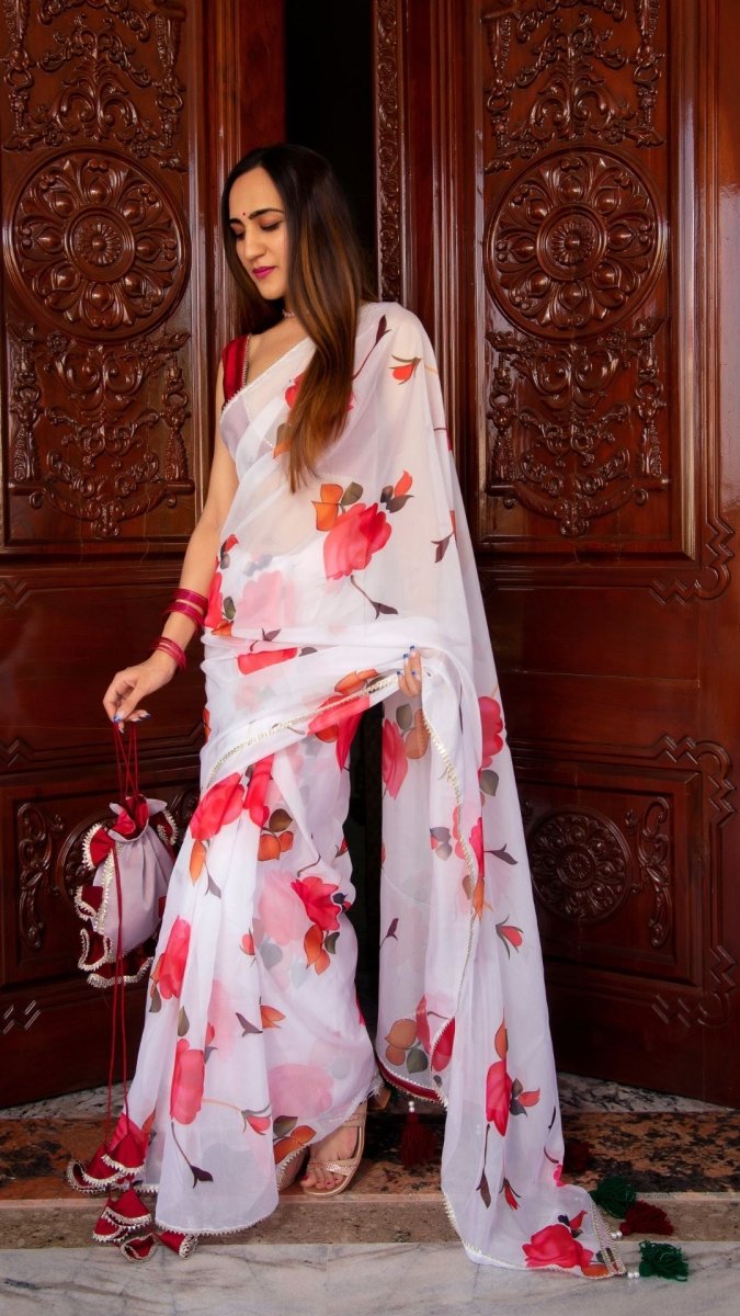RED PHOOL ORGANZA SAREE - Pomcha Jaipur