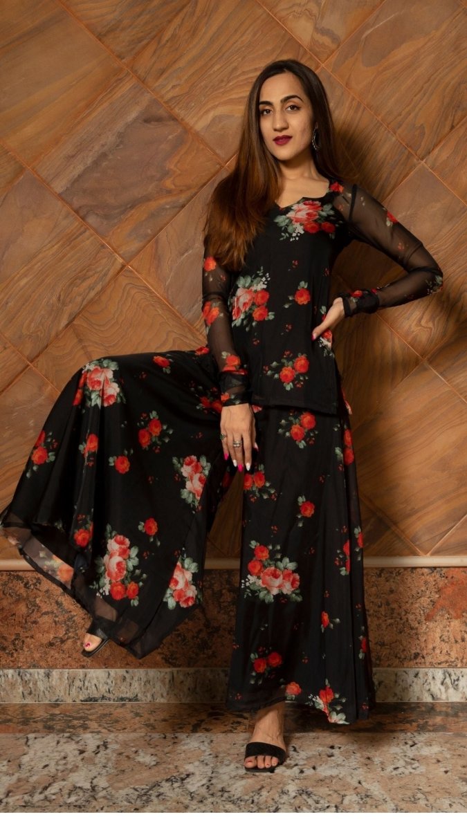 RED ROSE ORGANZA KURTA PLAZO SET - Pomcha Jaipur