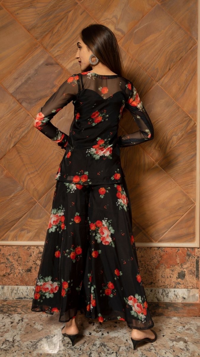 RED ROSE ORGANZA KURTA PLAZO SET - Pomcha Jaipur