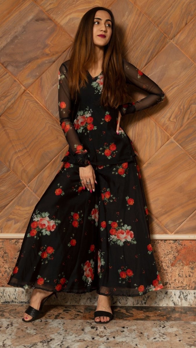RED ROSE ORGANZA KURTA PLAZO SET - Pomcha Jaipur