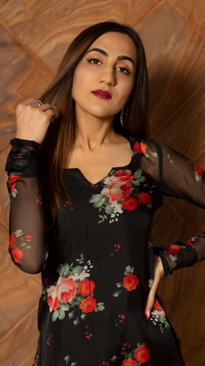 RED ROSE ORGANZA KURTA PLAZO SET - Pomcha Jaipur