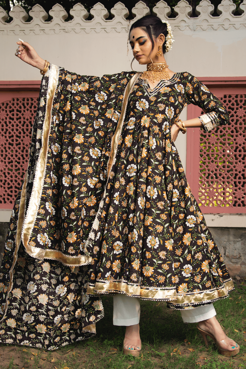 ROOP RANG HAND BLOCK ANARKALI SET - Pomcha Jaipur