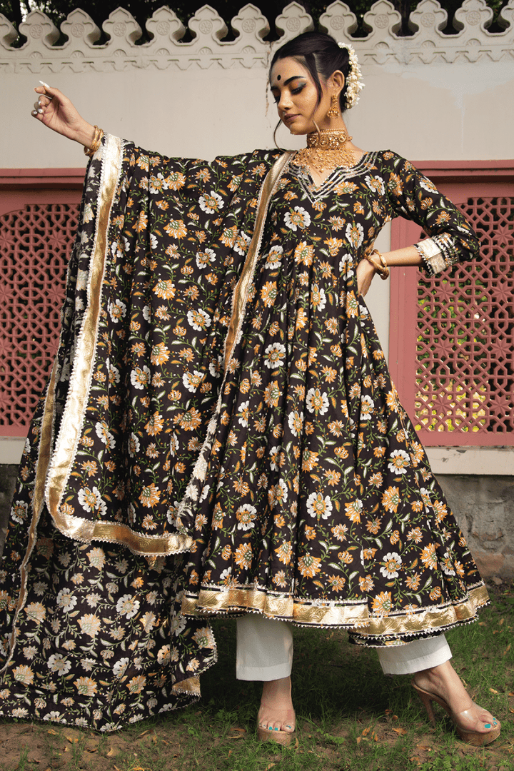 ROOP RANG HAND BLOCK ANARKALI SET - Pomcha Jaipur