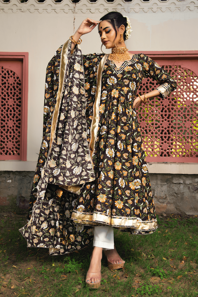 ROOP RANG HAND BLOCK ANARKALI SET - Pomcha Jaipur