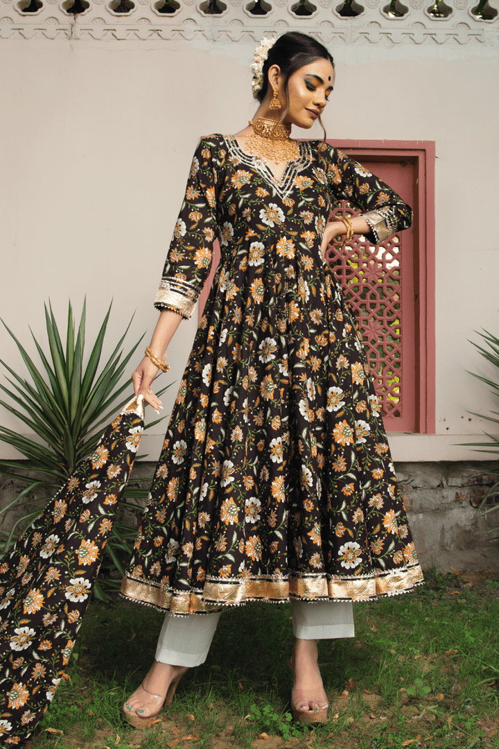 ROOP RANG HAND BLOCK ANARKALI SET - Pomcha Jaipur