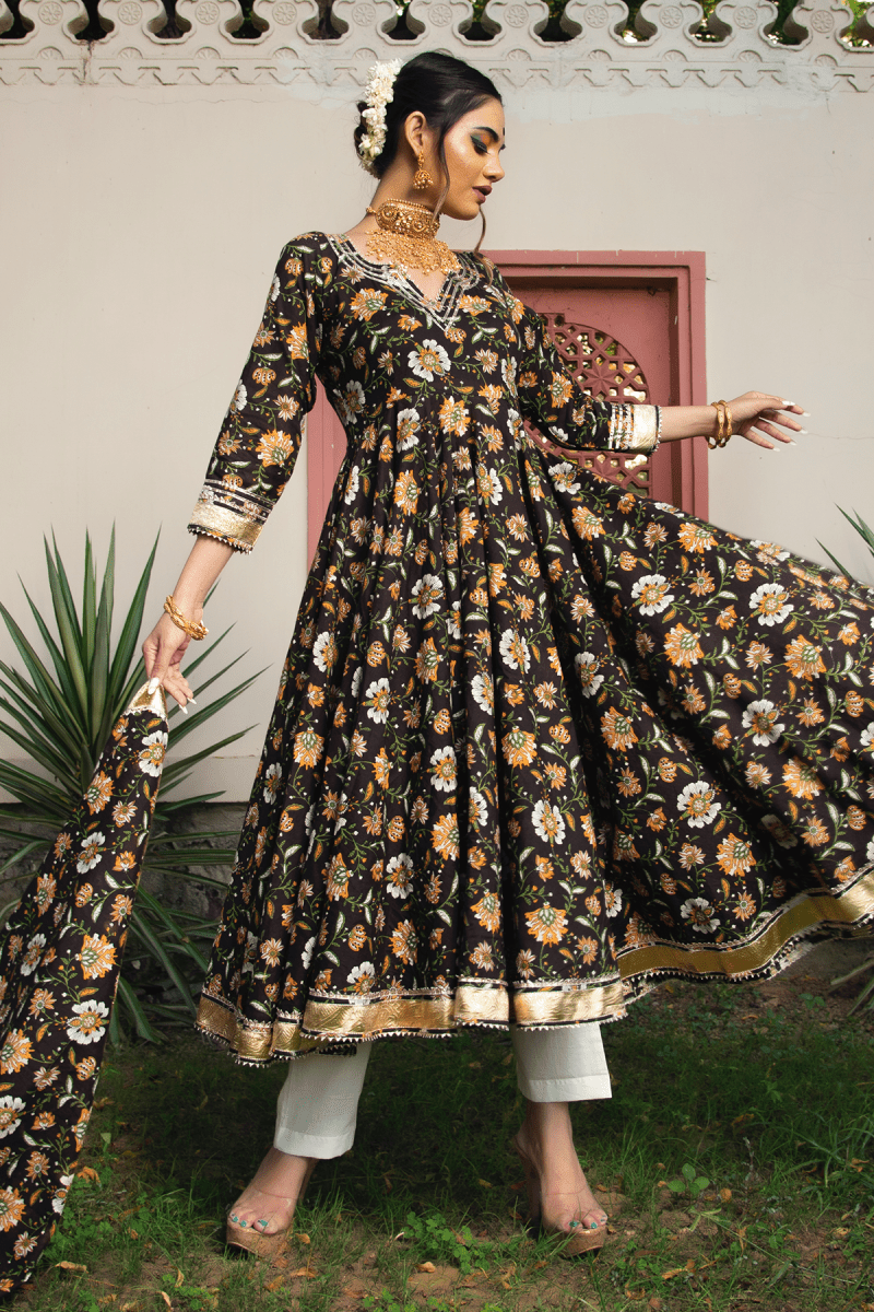 ROOP RANG HAND BLOCK ANARKALI SET - Pomcha Jaipur