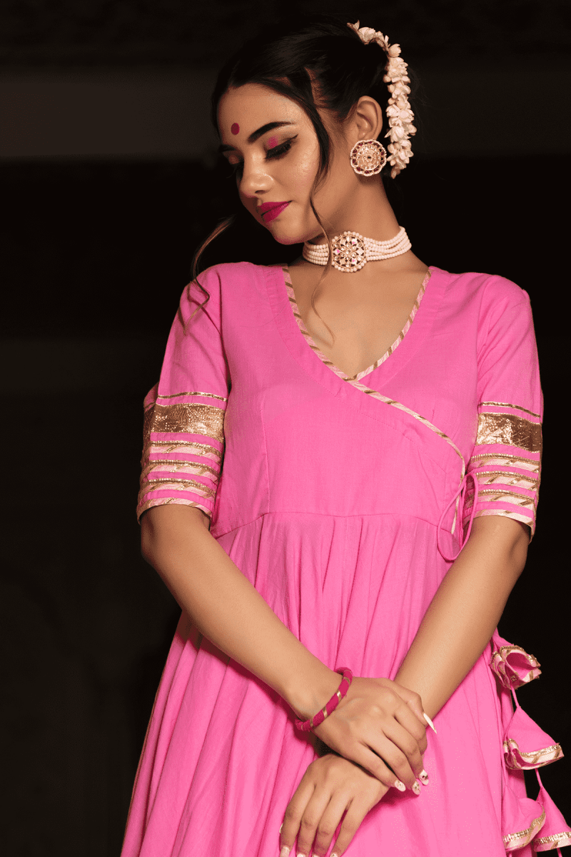 ROSE PINK COTTON ANGRAKHA WITH KOTA DORIA LACE WORK DUPATTA SET - Pomcha Jaipur