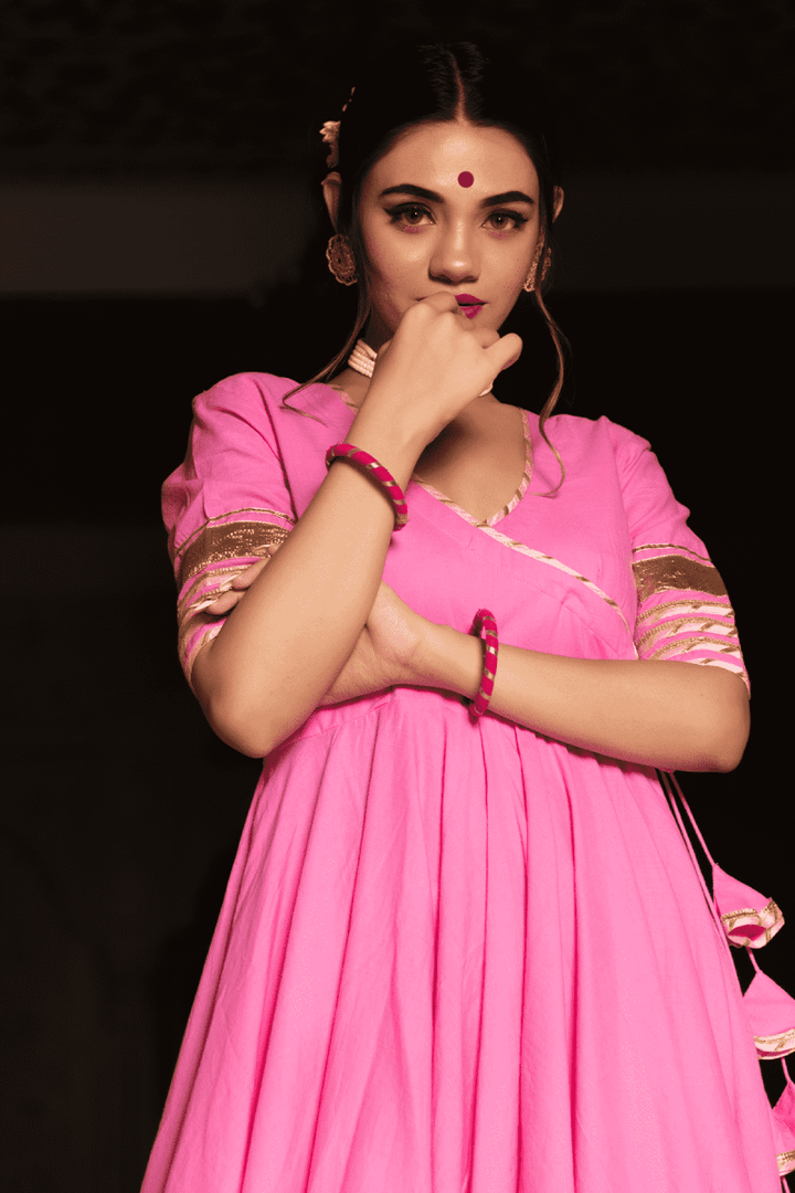 ROSE PINK COTTON ANGRAKHA WITH KOTA DORIA LACE WORK DUPATTA SET - Pomcha Jaipur