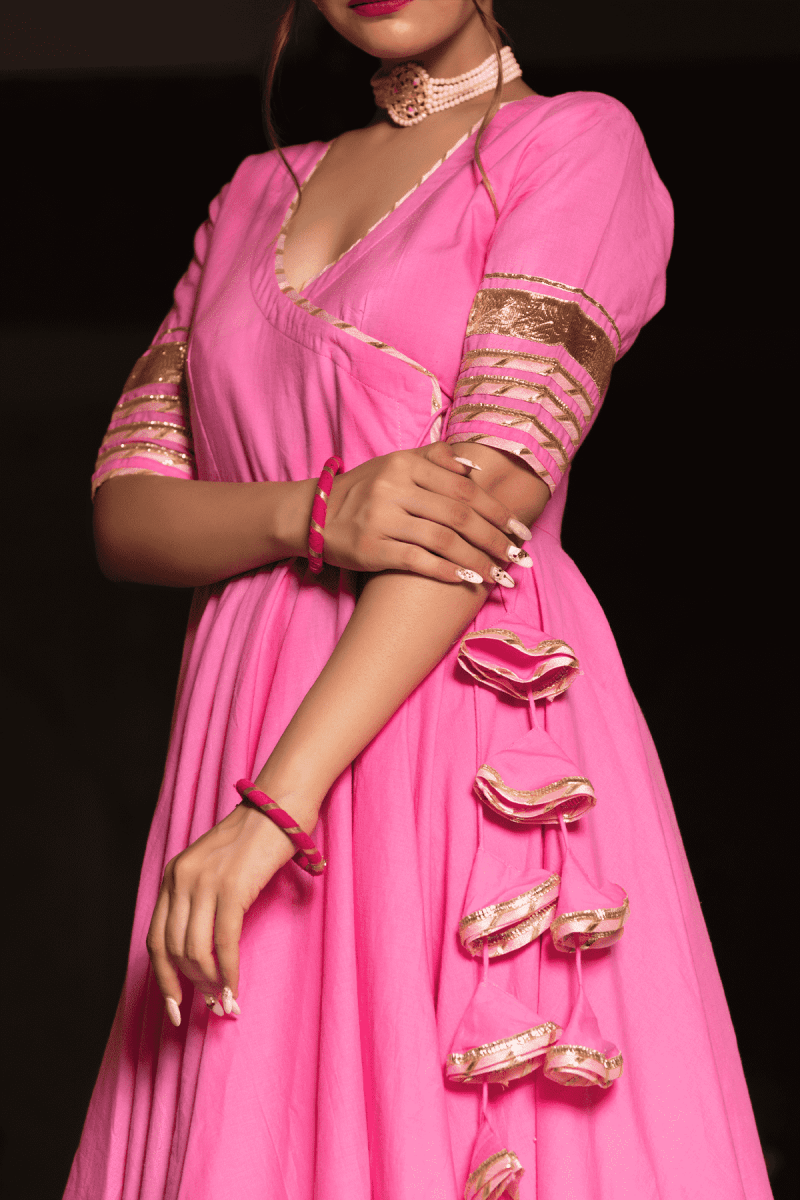 ROSE PINK COTTON ANGRAKHA WITH KOTA DORIA LACE WORK DUPATTA SET - Pomcha Jaipur