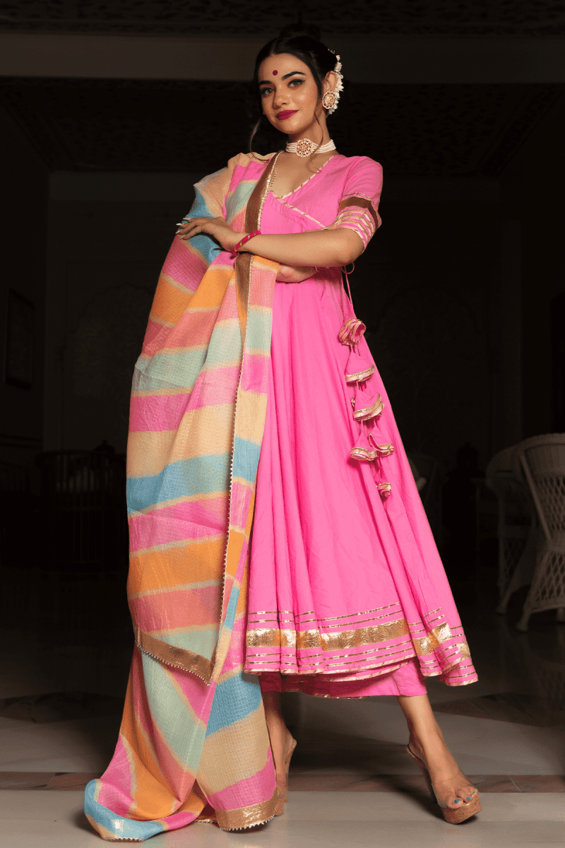 ROSE PINK COTTON ANGRAKHA WITH KOTA DORIA LACE WORK DUPATTA SET - Pomcha Jaipur