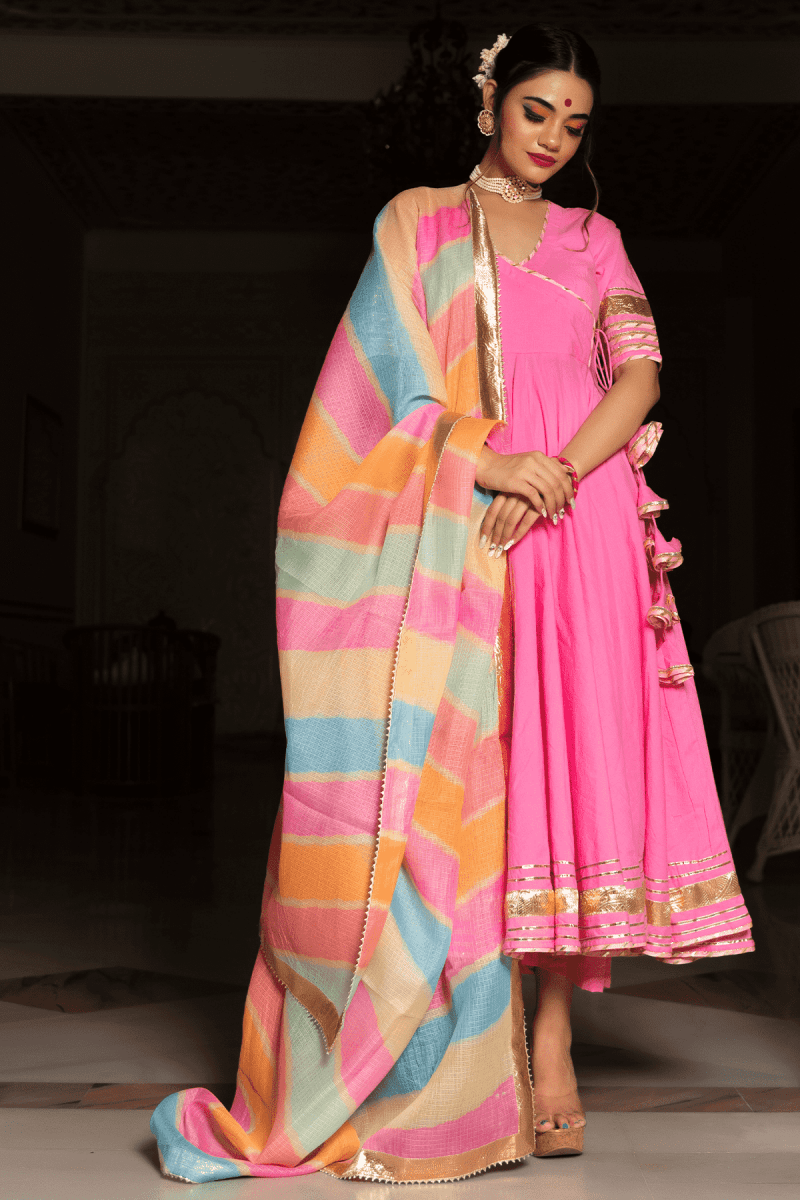 ROSE PINK COTTON ANGRAKHA WITH KOTA DORIA LACE WORK DUPATTA SET - Pomcha Jaipur