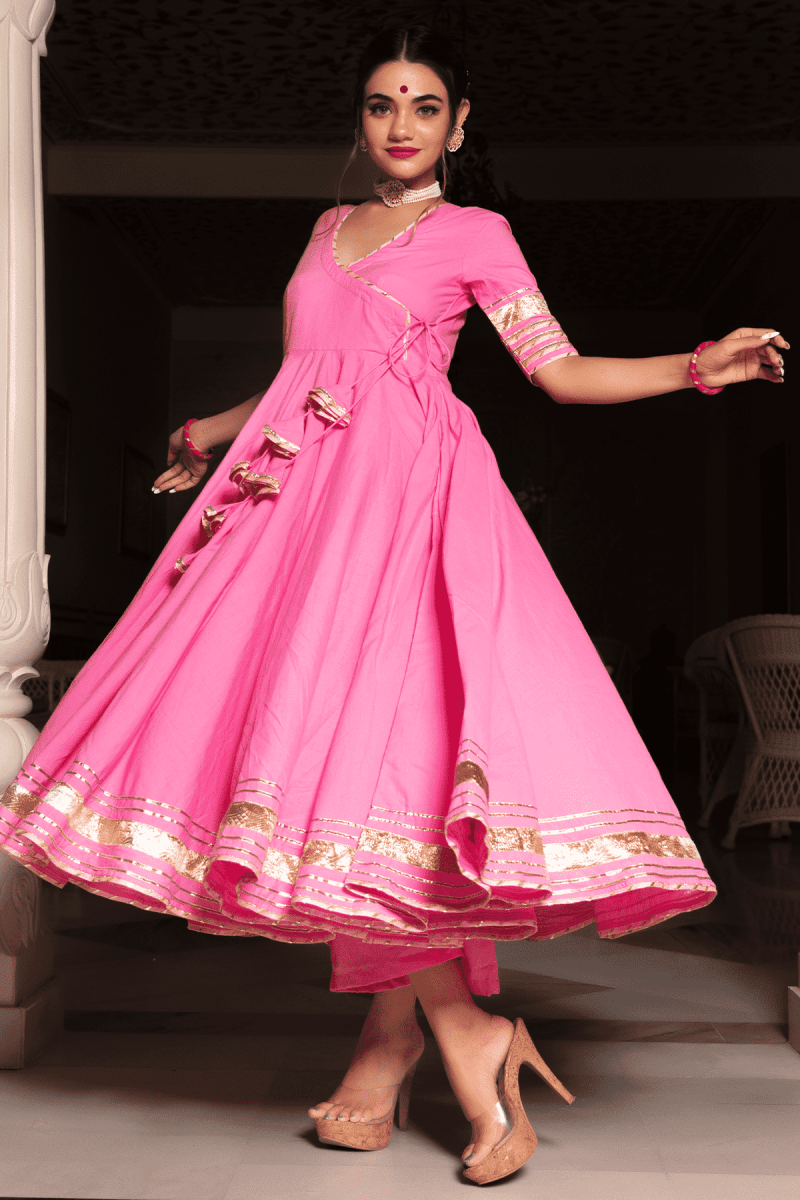 ROSE PINK COTTON ANGRAKHA WITH KOTA DORIA LACE WORK DUPATTA SET - Pomcha Jaipur