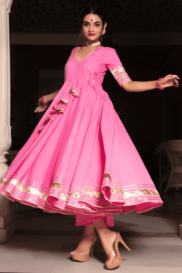 ROSE PINK COTTON ANGRAKHA WITH KOTA DORIA LACE WORK DUPATTA SET - Pomcha Jaipur