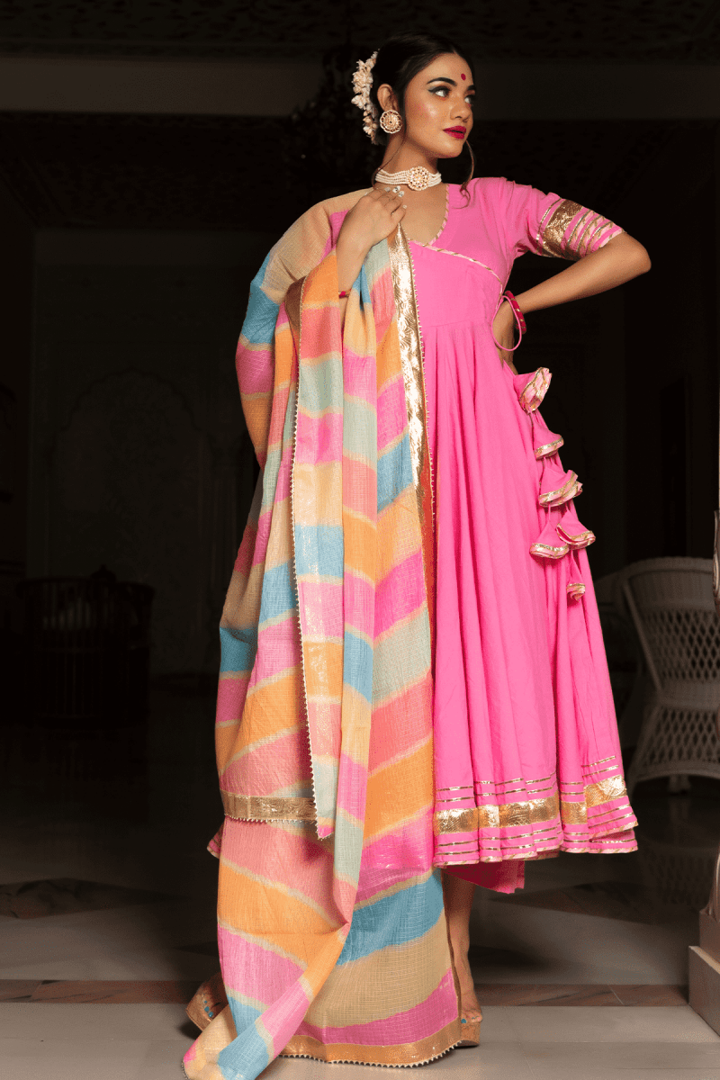 ROSE PINK COTTON ANGRAKHA WITH KOTA DORIA LACE WORK DUPATTA SET - Pomcha Jaipur