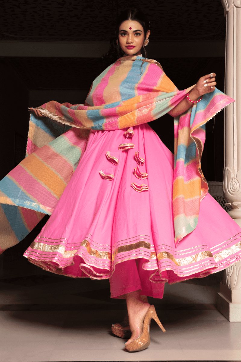 ROSE PINK COTTON ANGRAKHA WITH KOTA DORIA LACE WORK DUPATTA SET - Pomcha Jaipur