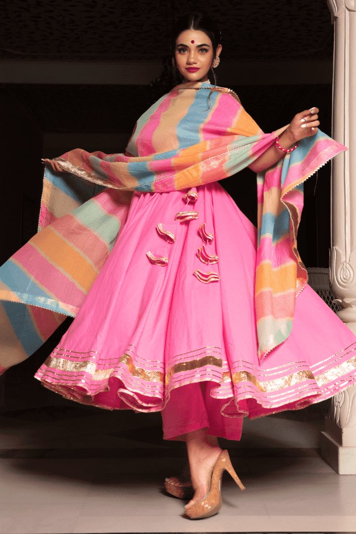 ROSE PINK COTTON ANGRAKHA WITH KOTA DORIA LACE WORK DUPATTA SET - Pomcha Jaipur
