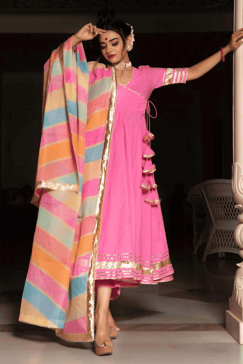 ROSE PINK COTTON ANGRAKHA WITH KOTA DORIA LACE WORK DUPATTA SET - Pomcha Jaipur