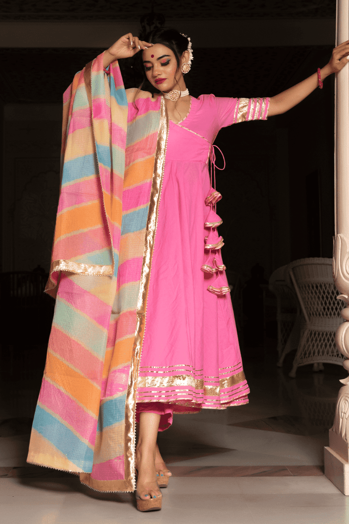 ROSE PINK COTTON ANGRAKHA WITH KOTA DORIA LACE WORK DUPATTA SET - Pomcha Jaipur