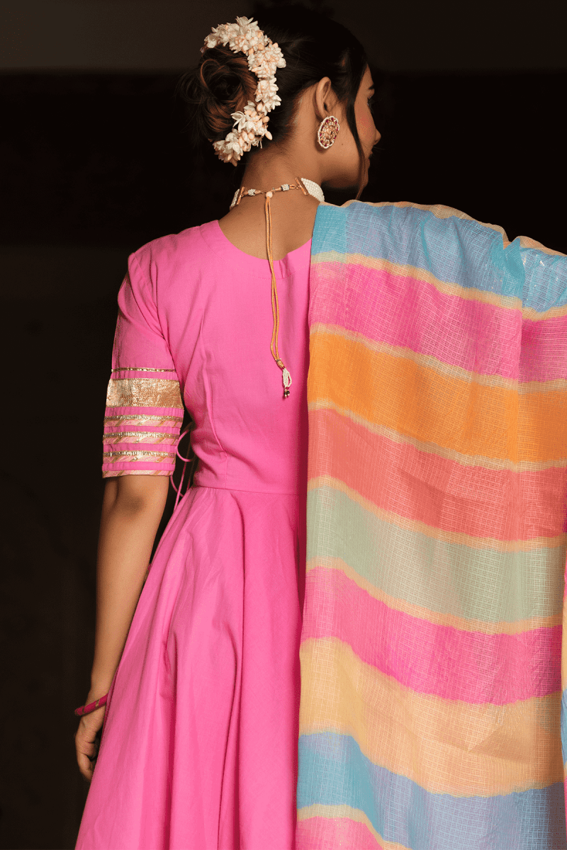 ROSE PINK COTTON ANGRAKHA WITH KOTA DORIA LACE WORK DUPATTA SET - Pomcha Jaipur