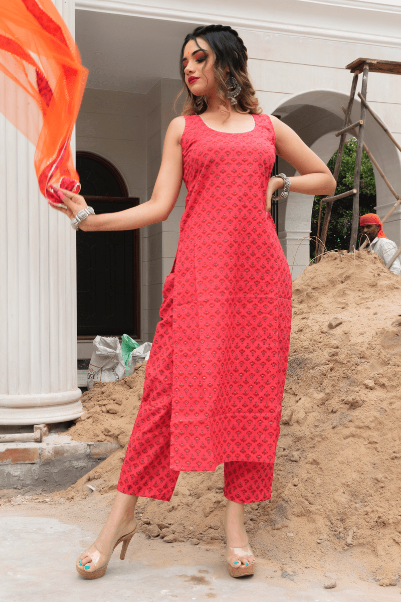 ROSEBERRY ORANGE BLOCK PRINT COTTON SUIT WITH SOFT NET DUPATTA SET - Pomcha Jaipur